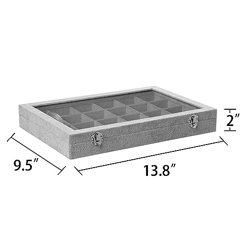 Frebeauty Velvet Jewelry Tray,24 Grid Jewelry Organizer with Clear Lid,Earring Holder Organizer with Clasp,Drawer Insert Rings Pendants Brooches,13.8 x 9.5 x 2 Inches,Gift for Women Girls(Grey) - color: Grey, size: 24 Grid