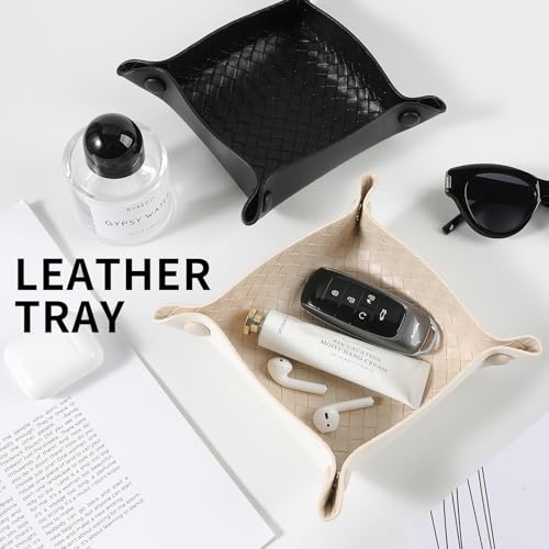 KINIVA 2 Pack PU Leather Jewelry Valet Tray for Men Women,Small Key Bowl for Entryway Table,Portable Travel Catchall Dice Tray (Square-White-2pcs) - style: Square-White-2pcs