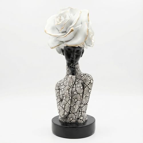 Lescafita African Woman Sculpture with White Rose Headdress, Black and White Resin Statues, Modern Abstract African Art Statue for Home Decor Shelf Table Office Display - color: 112-white