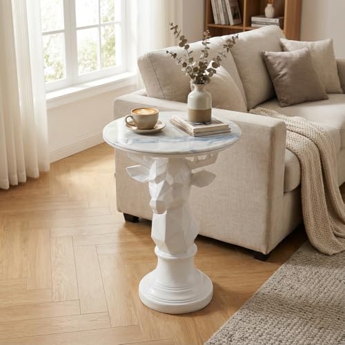 Deer Side Table for Living Room - 20" Faux Marble Top Accent End Table with Hand-Carved Resin Deer Statue Base - Modern Round Bedside Table for Bedroom, Patio, Entryway,Gift - Tool-Free Setup - color: White Deer