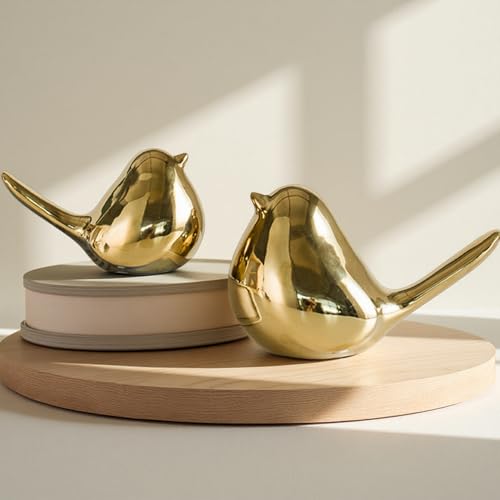 Ceramic Birds Figurines Home Decor, Set of 2 Gold Birds Statue, Chubby Small Bird Figurines, Modern Style Bird Decor for Home Living Room Desk Bookshelf Coffee Table Office Desktop (Gold) - color: Gold