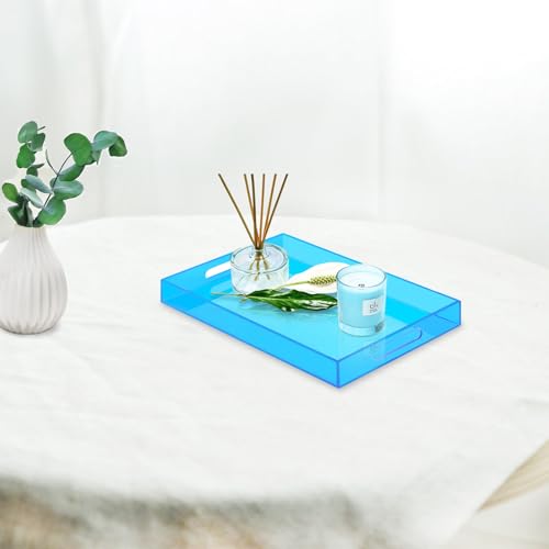SetGame Acrylic Serving Tray with Handles, Bathroom Desktop Decorative Storage Arylic Trays, Simple Vanity Tray Food Tea Fruit Dinner Snack Tray for Bar Kitchen Party - color: Blue
