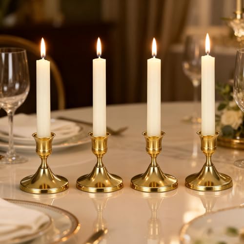 Gold Taper Candle Holder Set of 12,Vintage Small Low Brass Candlestick Holders,Short Skinny Candle Stick Holders for Dinner Room Table Centerpiece or Mantel Wedding Party Decor
