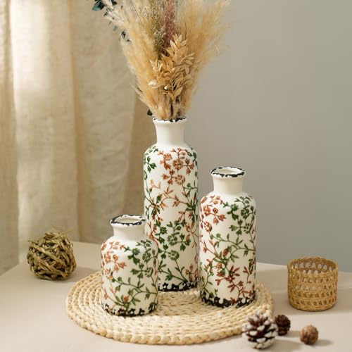 Vintage Ceramic Flower Vase Set of 3, Rustic Farmhouse Vase for Home Decor, Distressed Decorative Vase for Table Entryway Mantel Centerpiece Living Room Bathroom Bedroom (Beige-Green Crackle) - color: 108-beige-green Crackle