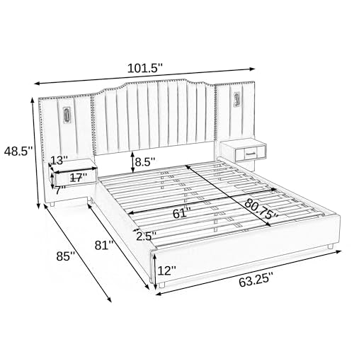 Luxury Queen Size Bed Frame with LED Lights and Nightstands, Modern Velvet Upholstered Platform Bed Frame with Oversized Headboard, Buttons Around, No Box Spring Needed, Grey | Breathable material - color: Grey-velvet, size: Queen
