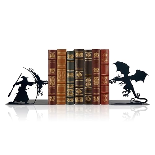 Lord Decorative Bookends - Epic Fantasy Dragon & Wizard, The Rings Book Ends for Home Library & Office Decor, Fantasy Inspired by Lord Dragon Bookends, Unique Lord Gift for Fans (Matte Black, Large)