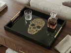 Gothic Skull Serving Tray with Gold Handles – Black Gloss Wooden Ottoman Tray for Coffee Table, Bar, or Kitchen – Elegant Gothic Decor & Unique Gift for Halloween, Horror & Alternative Style Lovers - style: SKULL