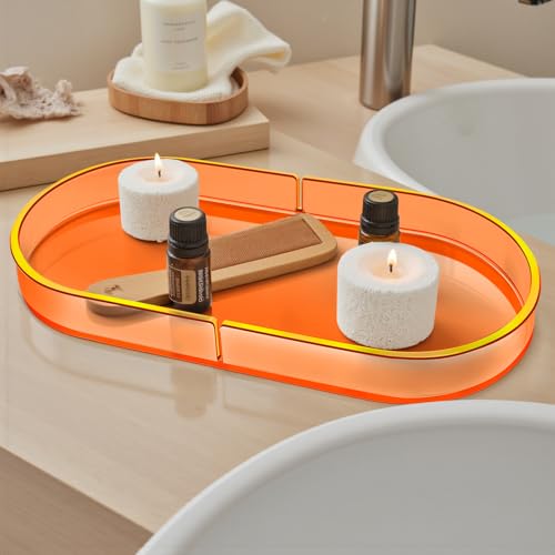 Acrylic Decorative Vanity Tray Perfume Jewelry Trinket Tray for Bathroom Counter Soap Toilet Tank Sink Small Candle Catch All Organizer, 12.6x6.3 Inches, Neon Orange - color: Neon Orange
