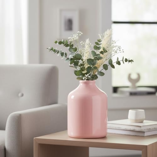 Sunddo 8 Inch Modern Ceramic Vase - Cute Pink Vases for Centerpieces - Minimalist Decorative Flower Vase for Living Room, Coffee Table, Dining Table, Book Shelf Decor, Mantel Decoration - color: Pink, size: 8 inch