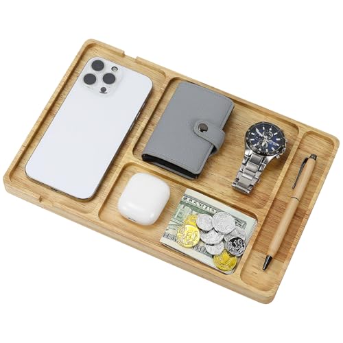 MultiBey Rubber Wood Valet Tray - Wooden Nightstand Organizer for Men Women, 4 Slot Desk Drawer Organizer Tray, EDC Catch All Tray with Cable Slot for Phone Watch Wallet Key Jewelry - color: Rubber