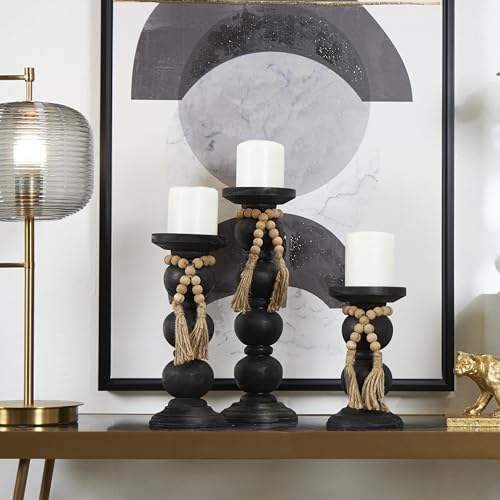 Deco 79 Wood Handmade Decorative Candle Holder Bubble Inspired Matte Candle Stand with Beaded Garland Accent, Set of 3 Candlestick Holder 15", 12", 9" H, Black