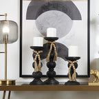 Deco 79 Wood Handmade Decorative Candle Holder Bubble Inspired Matte Candle Stand with Beaded Garland Accent, Set of 3 Candlestick Holder 15", 12", 9" H, Black