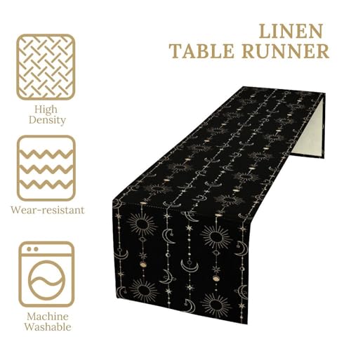 Boho Moon Star Table Runner Cosmic Objects Connected by Lines Modern Abstract Farmhouse Kitchen Dining Table Decoration for Home Party Decor Table Runners 13x36in - color: Black-golden, size: 13x36in