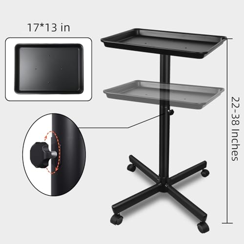 Salon Tray on Wheels, Metal Feet Salon Tray Cart, Salon Rolling Tray with Adjustable Height, Dentist Tray, Tattoo Tray for Salon and SPA Use - color: Dark Black