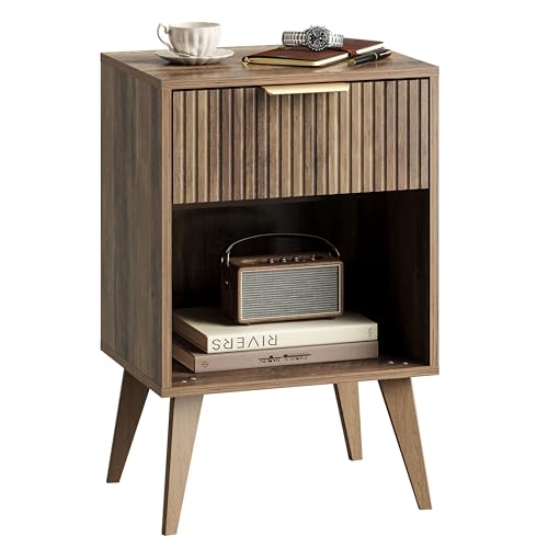 YAUKOMEL Fluted Night Stand with Opening Storage,Mid Century Bedside Table with Drawer,Wood Nightstand with Legs,End Table Side Table for Living Room,Bedroom,Caramel Oak 11.8"Dx15.7Wx 25.2"H CTG56BR - color: Caramel Oak