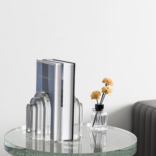 Kitcom Decorative Bookends for Books, Set of 2, Heavy Duty Book Holders Stopper for Shelves, Bookshelf, Bookcase, Office Desk, Home Decor, Aesthetic Layered Arch Design, Clear