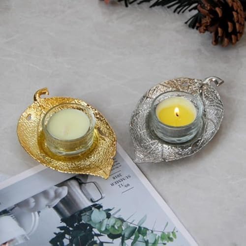 1PC Nordic Natural Wind Leaf Shape Candle Holder Tea Wax Small Round Transparent Container Table Top Decoration Candle Holder (Golden) - color: Golden