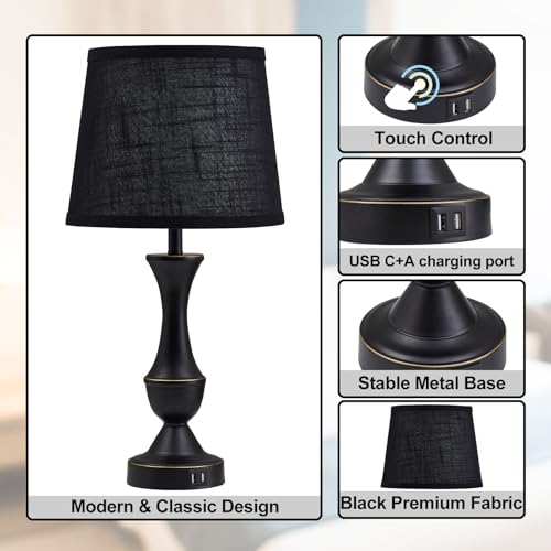Luvkczc Black Touch Table Lamps Set of 2, 22" Tall Bedside Lamps with USB C+A Charging Ports, Nightstand Lamps for for Bedroom, Living Room, Office, with Black Lampshade, LED Bulb Included - color: Black, size: 22in