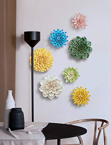 SEINHIJO Ceramic Flower Wall Decor 3D Wall Art Sculpture Modern Art Gift for Bedroom Living Room Home Office Yellow 6.7 Inch