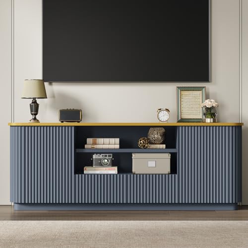QUW 70" Fluted TV Stand for TVs Up to 80", Modern Entertainment Center with 2 Drawers & Cabinets, TV Console with Curved Profile Design, Luxury Wooden Media Console for Living Room, Navy Blue - color: Navy Blue