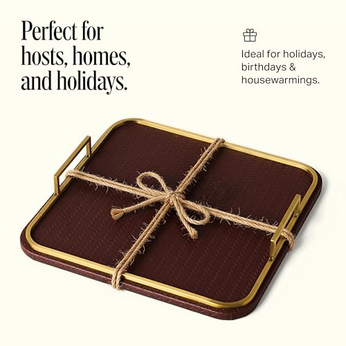 Preston Lane Mayfair Decorative Tray – Vegan Leather with Woven Texture, Brushed Brass Handles – Serving, Dresser & Coffee Table Tray, Espresso - color: Espresso