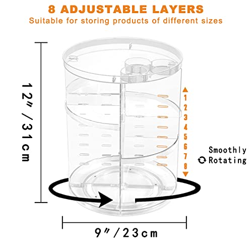 Rotating Makeup Organizer, DIY 8 Adjustable Layers Spinning Skincare Organizer, Cosmetic Display Case with Brush Holder Perfume Tray, Multi-Function Storage Carousel for Vanity Bathroom Countertop - color: Clear