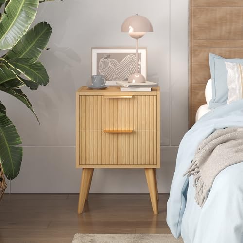 YAUKOMEL Fluted Nightstand,Small Bedside Table,Natural Wood Night Stand,Light Wood Side Table with Solid Wood Legs,End Table for Bedroom,Small Space 11.8" D x 15.7" W x 22.8" H Natural CTG55Y - color: Natural, style: Fluted Style