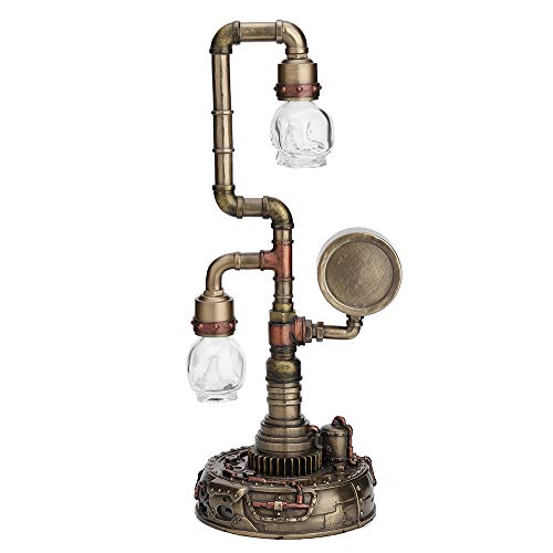 Veronese Design 14.75 Inch Steampunk Pipework Clock Stand Lamp Light Crystal Skull Bulb LED Lighting Antique Bronze Finish Sculpture