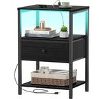 BOLUO Black Nightstand with Charging Station, LED Night Stand with Fabric Drawers and Shelf, Bedside Table with USB Ports and Outlets, Bedroom Nightstand Modern - color: B.black