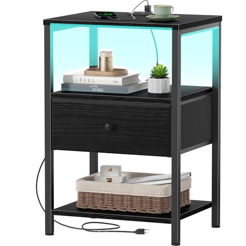 BOLUO Black Nightstand with Charging Station, LED Night Stand with Fabric Drawers and Shelf, Bedside Table with USB Ports and Outlets, Bedroom Nightstand Modern - color: B.black