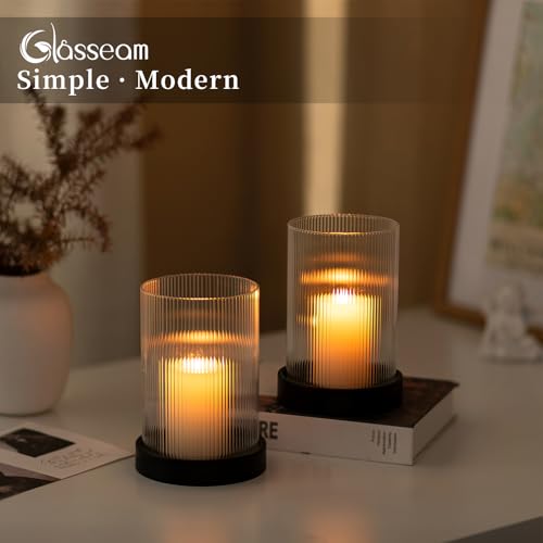 Glasseam Glass Hurricane Candle Holder: Black Pillar Candle Holders Set of 2 Ribbed Clear Glass Cover with Metal Candle Tray Modern Candle Holders for Table Centerpiece Living Room Fireplace Decor - color: Black