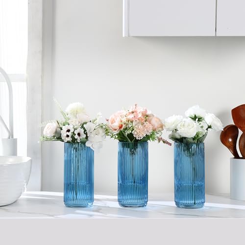 Blue Glass Vases, Flower Vases Set of 3, Ribbed Glass Vase for Tulips, Tall Cylinder Glass Vases for Living Room, Bedroom, Dining Table, Office, Wedding, Bookshelf Decoration, 8 Inches - color: Blue, size: 8'' X 3Pack