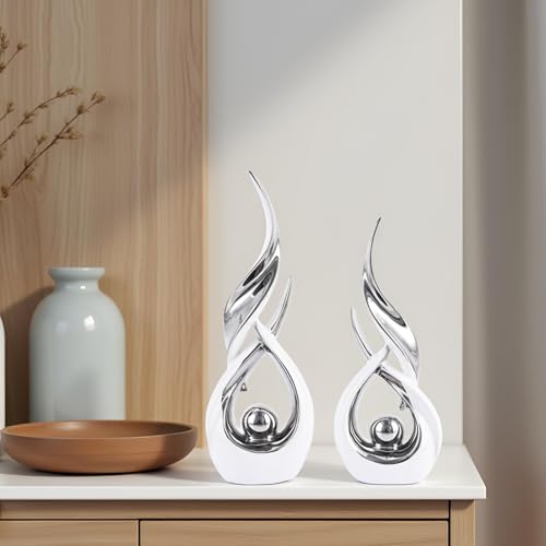 Gold Ceramic Abstract 2 Piece Statue Set,Mid Century Modern Abstract Art Home Decor Statue Mantelpiece on Unique Shelf Decor, TV Cabinet Divider Table top and Dining Table Centerpiece (White Silver) - color: White Silver