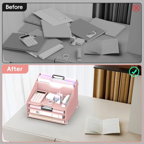 Desk File Organizer, Paper Organizer with 4 Letter Trays and 2 Vertical Upright Sections, Desk Organizers and Accessories for Office, School, Home (Pink) - color: Pink