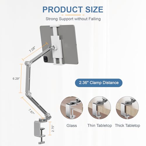 Houele Tablet Stand Holder, Adjustable Foldable Tablet Arm iPad Desk Mount with 360°Rotate Base, Phone Holder iPad Stand for Desk and Bed, Compatible with Tablets, Phones or Other 4-15.6" Device - color: Silver