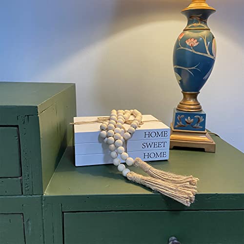 Decorative Books for Home Decor, White Faux Books for Decoration, Rustic Farmhouse Stacked Display Books with 52in Wood Bead Garland for Coffee Tables Living Room, (Home Sweet Home) - style: Home Sweet Home