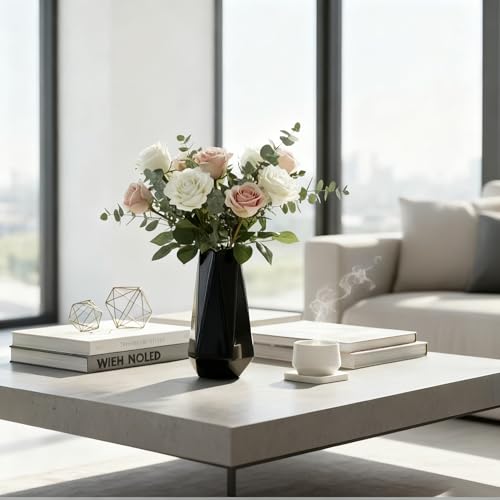 Modern Black Ceramic Vase, 7.5 Inch Geometric Flower vases, Minimalist Design for Table Shelf Centerpiece Home Decor Fit for Housewarming, Weddings, Birthday,Christmas - color: Black-1