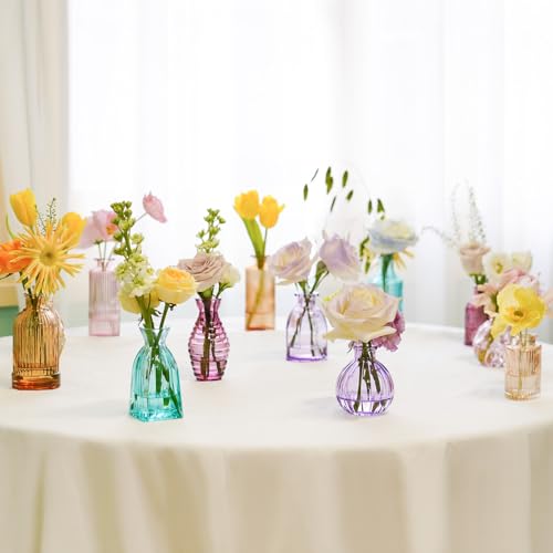 12PCS Mixed Colored Bud Vases Small Glass Vases for Flowers Colorful Vintage Flower Vase for Centerpieces Aesthetic Glass Bottles Bulk Wedding Baby Shower Home Decorations Gifts - color: Color Series, size: 1 Pack