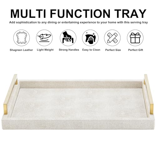 XIGEXIGE Ivory Shagreen Decorative Tray Large Rectangle Coffee Table Tray for Ottoman Faux Leather Serving Tray with Brushed Gold Handles - color: Ivory, size: 17" x 12" x 2.5"