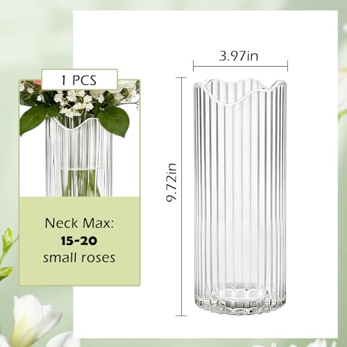 9 inch Tall Ribbed Clear Glass Vase,Flower Vase for Bouquet,Modern Glass Cylinder Vases for Flowers,Decorative Flower Vases for Centerpieces,Living Room,Bathroom,Dining Table,Wedding,Housewarming Gift