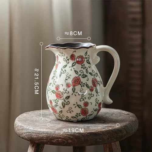 Vintage Ceramic Vase - 8.2 Inch Hand-Painted Roses with Ice Crackle Glaze Finish, American Farmhouse Style Pitcher Vase for Home Decor, Centerpiece, Shelf, Table, Office, Rustic Wedding Gift - color: Beige and Red-001