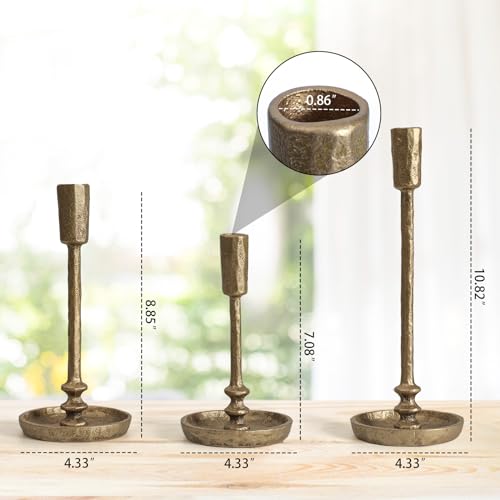 Rustic Cast Iron Taper Candle Holder - Set of 3 Vintage Candle Stands, Candlestick Holders for Wedding, Dining, Party Décor (Antique Brass) - color: Antique Brass