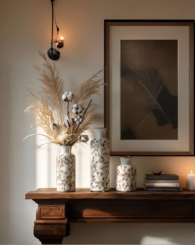 Ceramic Vase Set of 3, Vintage Ceramic Flower Vases, Crackle-Glaze & Distressed Rim, Brown Botanical Pattern, for Home Decor, Living Room Mantel & Dining Table Centerpiece - color: Brown