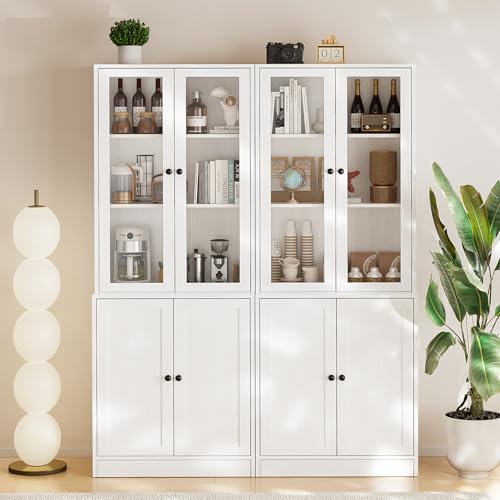 TUSY 71" TV Stand Storage Set - 2 Tall Bookcases & 2 Side Cabinets, Media Console with Glass & Wood Doors, Entertainment Center with Drawers, Tall Media Console for Living Room (White, ADDA) - color: White