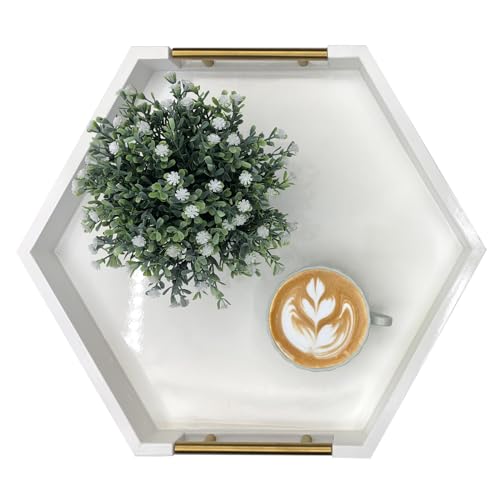 Serving Tray with Polished Metal Handles, Hexagon Coffee Table Tray, Modern Rectangle Decorative Tray, Large Ottoman Tray, Perfect for Storage and Display (White Hexagon) - color: White Hexagon