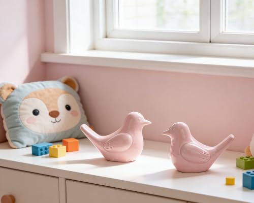 Small Pink Bird Statue Ceramic 2-Piece Set, 3¾ inch Cute Knick Knack for Home Office Shelf Desk Decor - color: Pink