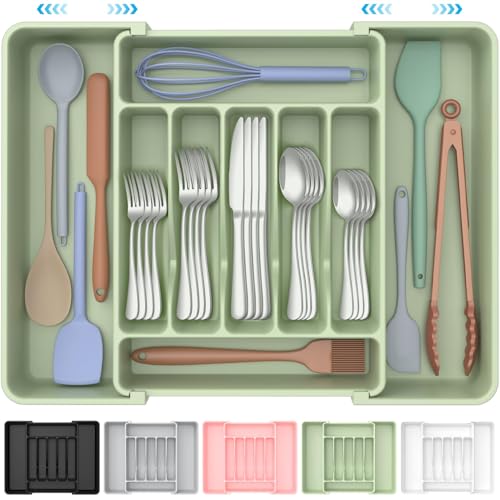 ukeetap Extra Large Expandable Silverware Organizer, BPA-Free Food-Safe Cutlery Flatware Organizer, Kitchen Utensil Drawer Organizer, Adjustable Silverware Holder for Spoons Forks Knives, Green - color: Green