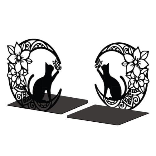 Peacoblue Metal Bookends for Shelves, Modern Decorative Heavy Duty Study Book Support Stoppers for Office, Desk, Shelf, Room 5.3"x4.3"x5.3" Cast Iron Tall Bookends, 1 Pair (Moon with Cat and Flower) - style: Moon with Cat and Flower