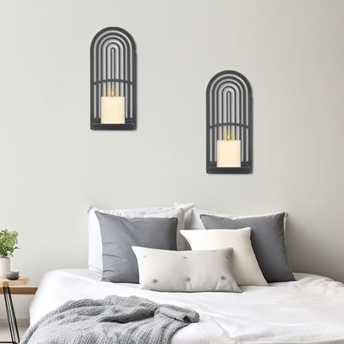 OYEFLY 2Pcs Metal Wall Hanging Candle Sconces,Black Boho Wall Shelves Candle Holders (Black)