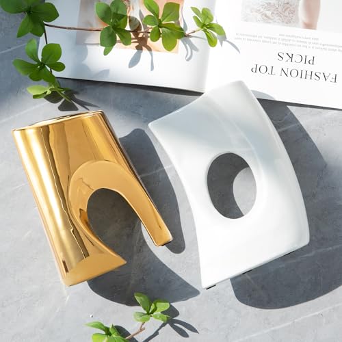 Gold and White Vases Set of 2, Ceramic Flower vase for Pampas Grass, Modern Gold Vases Home Decor, Snuggle Hollow Boho vase Table Centerpieces - color: Gold Cylinder